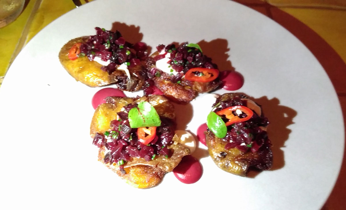 Miss Kaplan Crispy Potatoes with Beets & Beet Ketchup & Mayo